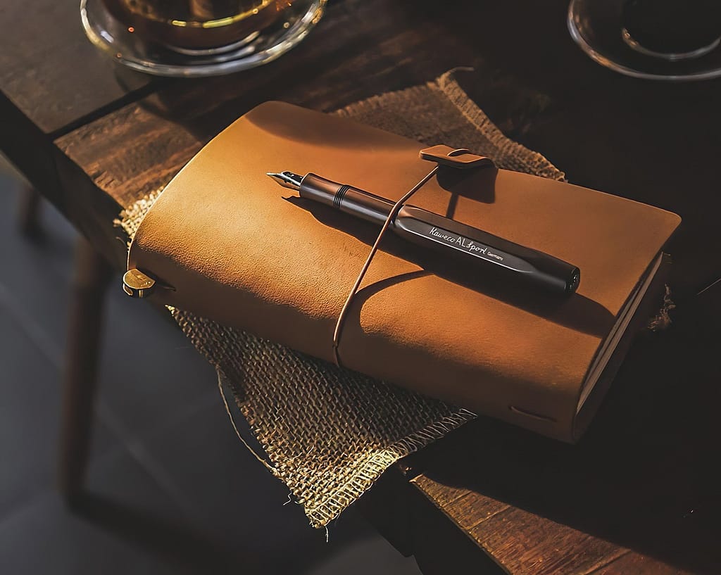book, pen, notebook, diary, desk, writing, office, table, note, creative, brown book